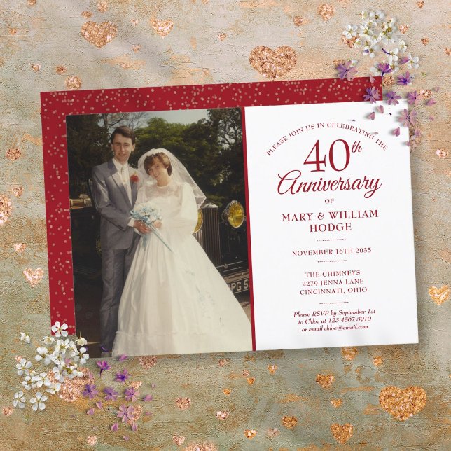 Convite Foto de Casamento 40º Aniversário Elegante Rubi (Wedding Photo 40th Anniversary Elegant Ruby Invitation)