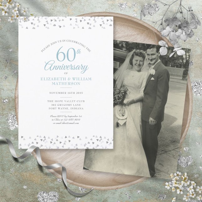 Convite Foto de casamento 60º aniversário Corações Confete (Wedding Photo 60th Anniversary Hearts Confetti Invitation)