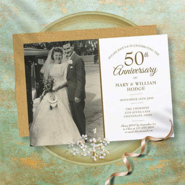 Convite Foto de Casamento Aniversário de 50 Anos Confete e (Criador carregado)