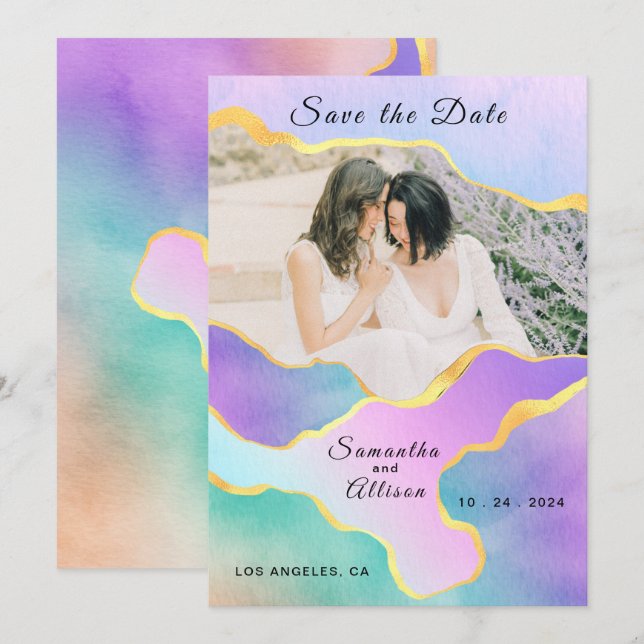 Convite Foto de Casamento Arco-Íris LGBT Dourado Save the  (Frente/Verso)