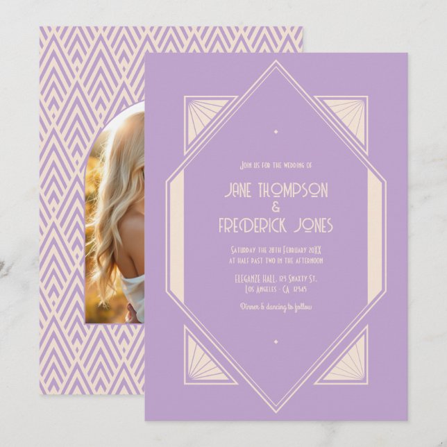 Convite Foto de casamento Art Deco com Lilac Francês e Cha (Frente/Verso)