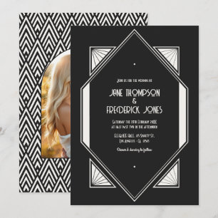 Convite Foto de casamento Art Déco em Preto Jet e Linho Ma
