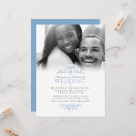 Convite Foto de casamento azul do coração do cartaz