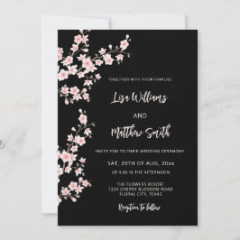 Convite Foto de casamento Black Pink Cherry Blossom