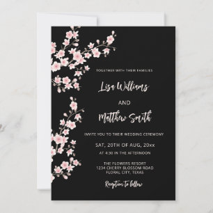 Convite Foto de casamento Black Pink Cherry Blossom