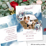 Convite Foto de Casamento Blue Purple Burgundy Watercolor<br><div class="desc">Convite de casamento de fotos elegante e único, com um lindo quadro geométrico de rosa de ouro hexágono com flores e folhagem armando sua fotografia e uma bela coloração azul em cascata atrás dela. Flores de aquarelas e folhagem em uma atraente mistura de cinzas azuis, azuis marinhos, vermelho-burrado, magenta, roxo...</div>