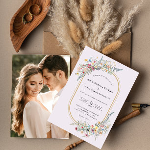 Convite Foto de casamento Boho Wildflower Fern Lavender