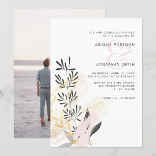 Convite Foto de Casamento Botânico Moderno, Blush e Black