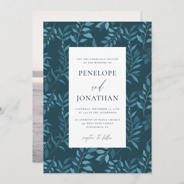 Convite Foto de Casamento Botânico Rustic Blue (Frente/Verso)