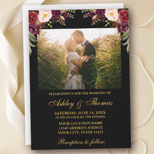 Convite Foto de casamento Burgundy Floral Preto e Dourado