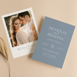 Convite Foto de Casamento Clássico Moderno e Azul Minimali<br><div class="desc">Convite Fotográfico de Casamento Clássico Moderno e Azul Minimalista. Personalize facilmente substituindo cada informação. Faça o upload de uma foto vertical/retrato. Verifique a visualização antes de adicionar ao carrinho. (Exemplo de foto de Jonathan Borba do Pexels)</div>
