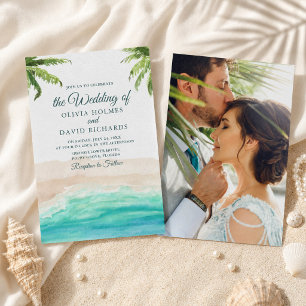 Convite Foto de casamento com árvores de palmeira e praia 