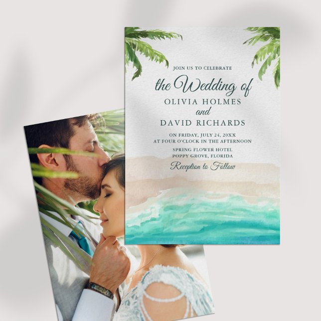 Convite Foto de casamento com árvores de palmeira e praia  (Watercolor Beach and Palm Trees Photo Wedding Invitation on a white table.)