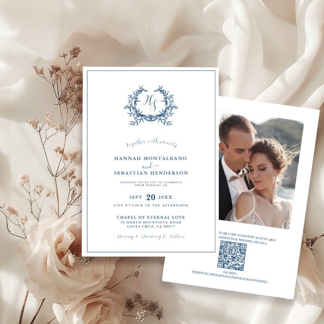 Convite Foto de casamento com código QR e crista floral az (Criador carregado)