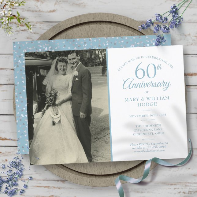 Convite Foto de casamento com confetes de aniversário de d (60th Anniversary Diamond Confetti Wedding Photo Invitation)