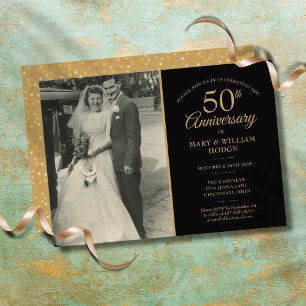 Convite Foto de casamento com corações de ouro do 50º aniv
