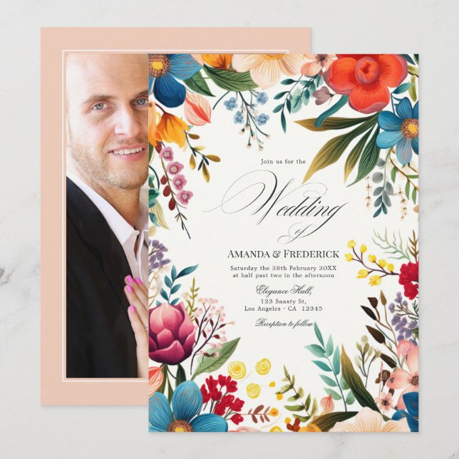 Convite Foto de casamento com festa floral em aquarela (Frente/Verso)