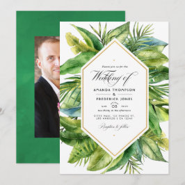 Convite Foto de casamento com folhas tropicais em aquarela