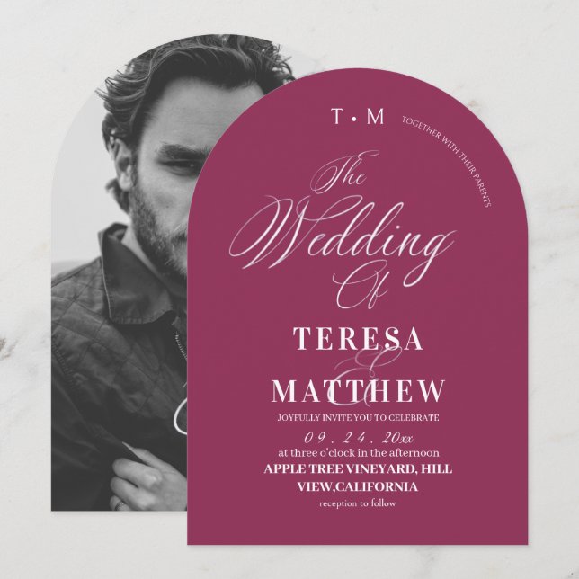 Convite Foto de casamento com letra Fuchsia moderna (Frente/Verso)