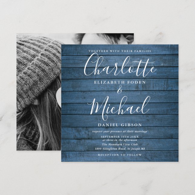Convite Foto de casamento com madeira rústica azul e letra (Frente/Verso)