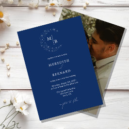 Convite Foto de casamento com monograma elegante celestial