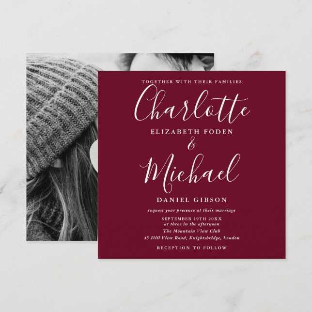 Convite Foto De Casamento Da Assinatura Do Script Burgundy (Frente/Verso)