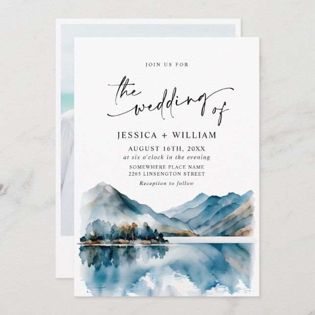 Convite Foto de Casamento da Floresta das Montanhas Elegan (Frente/Verso)