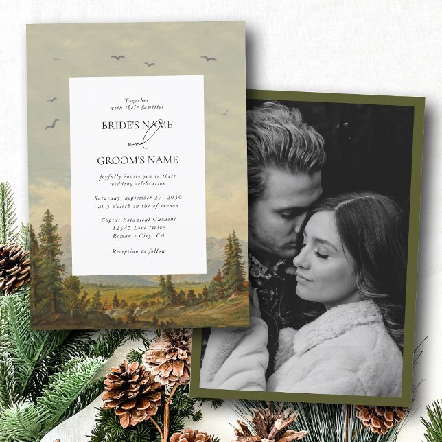 Convite Foto De Casamento Da Floresta De Pinheiros De Aqua (Watercolor Pine Tree Forest Mountain Wedding Photo Invitation)