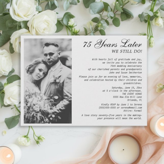 Convite Foto de casamento de 75º aniversário formal e eleg (75th wedding anniversary invitation with photo.)