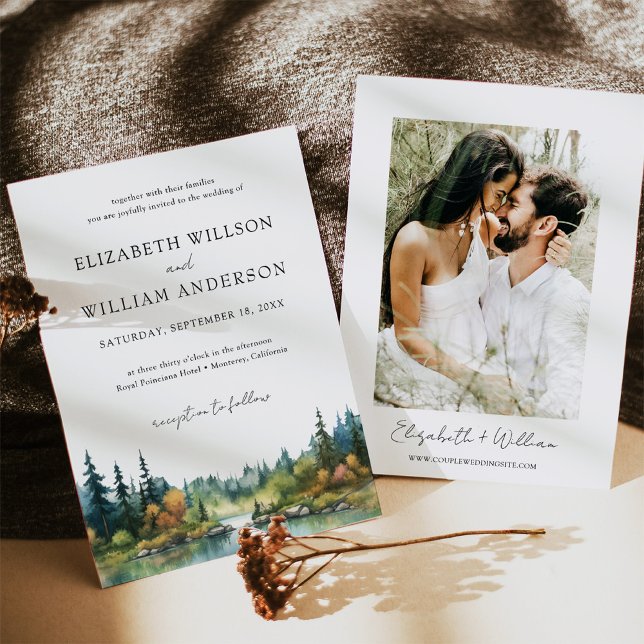 Convite Foto de Casamento de Árvore Evergreen Forest (Watercolor Forest Evergreen Tree Wedding Photo Invitation)