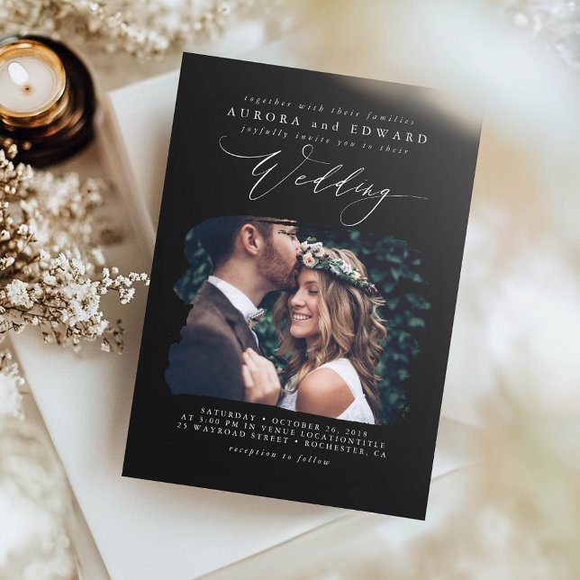 Convite Foto de Casamento de Boho Negro Moderno (Elegant Black Wedding Photo Invitation)