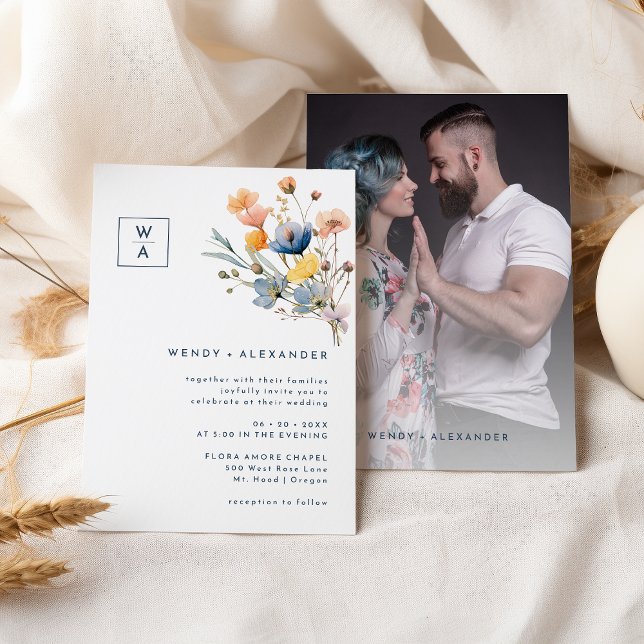 Convite Foto De Casamento De Bold Elegant Floral Monograma (Criador carregado)