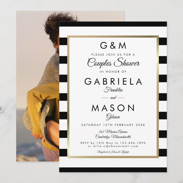 Convite Foto de Casamento de Casais com Listras de Monogra (Frente/Verso)