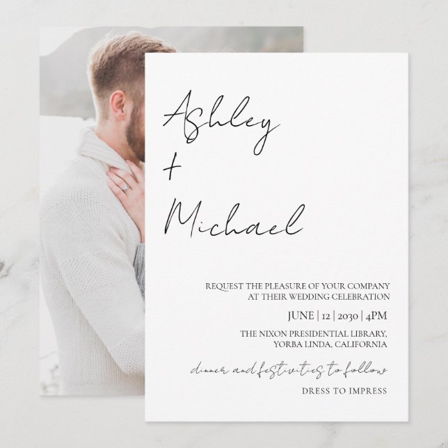 Convite Foto De Casamento De Código De Vestido De Script M (Frente/Verso)