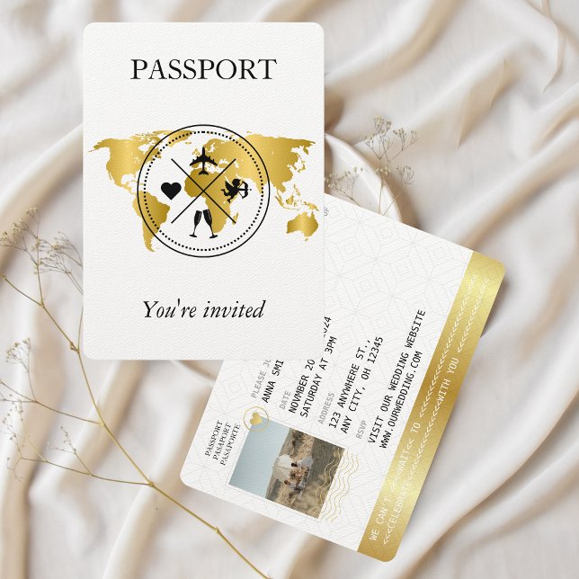 Convite Foto De Casamento De Destino De Passaporte Dourado (gold and white elegant passport photo wedding invitation)