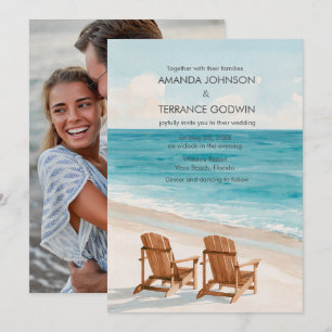 Convite Foto de Casamento de Destino na Praia com Aquarela