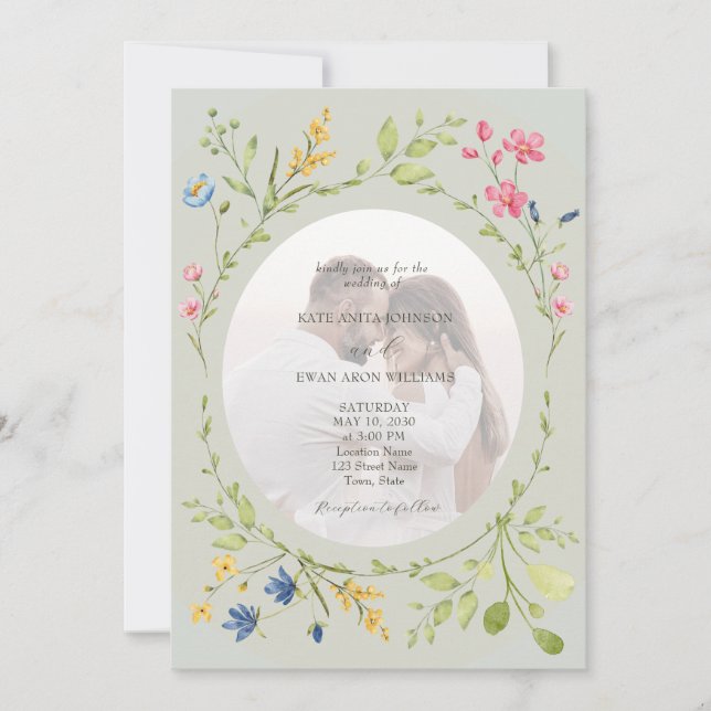 Convite Foto de casamento de flores silvestres em verde sá (Frente)