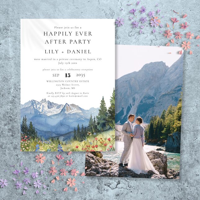 Convite Foto de casamento de montanha floral Felizes para  (Happily Ever After Watercolor Mountain Photo Invitation)