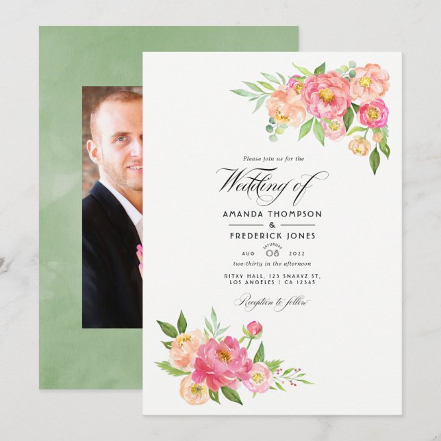 Convite Foto de Casamento de Peonies primavera Watercolor (Frente/Verso)