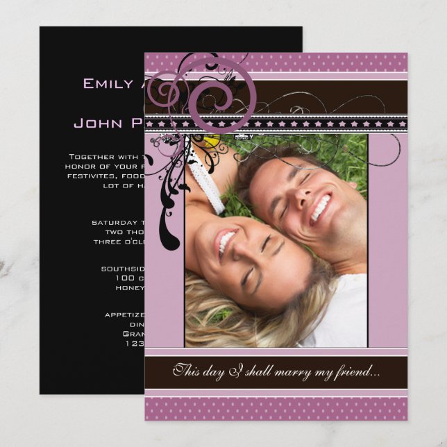 Convite Foto de casamento de pontos e picos lilás (Frente/Verso)