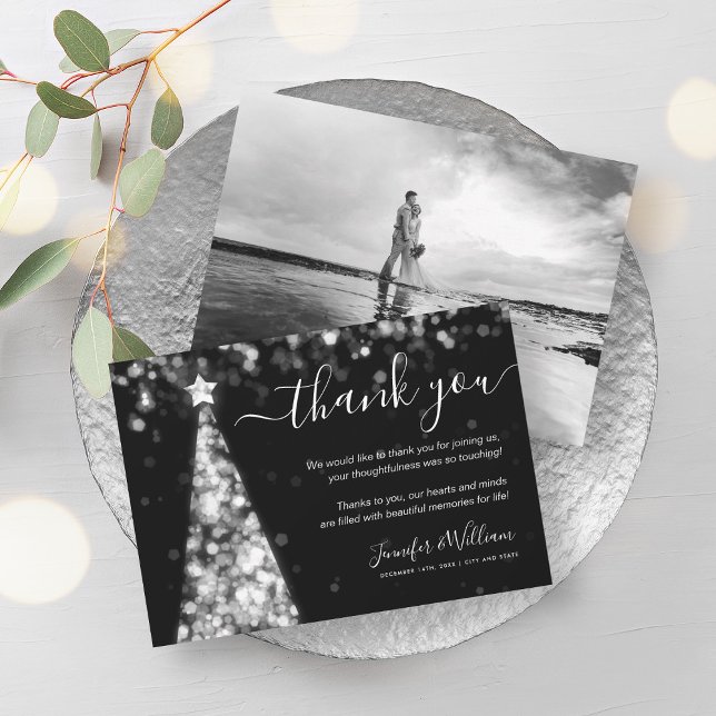 Convite Foto de Casamento de Prata de Árvore Festiva Obrig (Festive Tree Silver Wedding Photo Thank You Invitation)