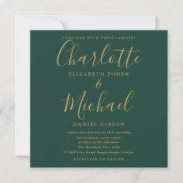 Convite Foto De Casamento De Script Dourado E Verde Da Eme