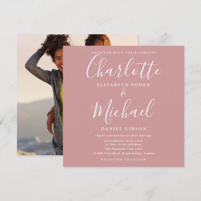 Convite Foto de Casamento de Script Dusty Rosa Elegant (Frente/Verso)