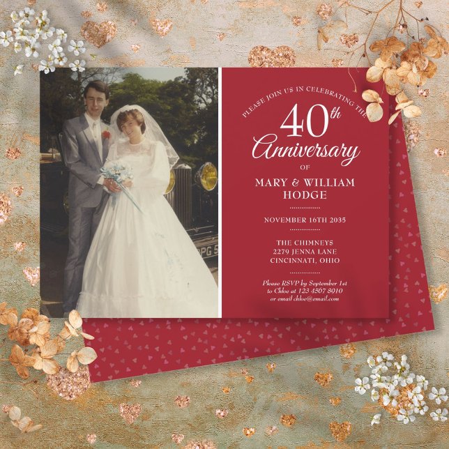 Convite Foto de casamento do 40º aniversário Confetes de c (40th Anniversary Wedding Photo Ruby Heart Confetti Invitation)