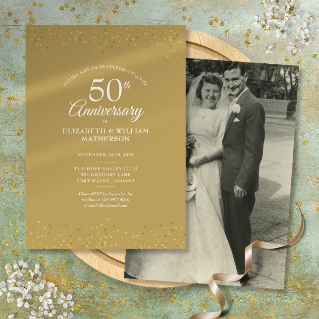Convite Foto de casamento do aniversário de 50 anos com pó (50th Anniversary Wedding Photo Gold Dust Invitation)