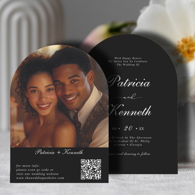 Convite Foto de Casamento do Código QR do Arch Preto e Bra (Criador carregado)