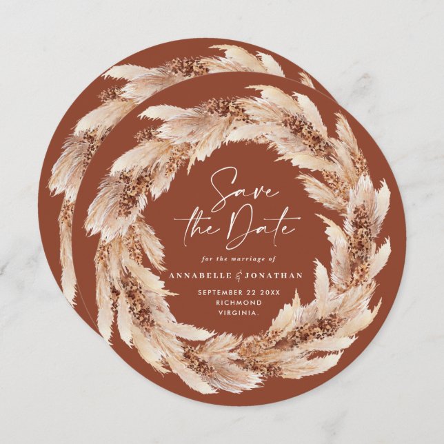 Convite Foto de casamento do Modern Boho Terracotta pampas (Frente/Verso)