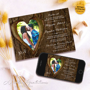 Convite Foto de Casamento do País do Coração da Árvore