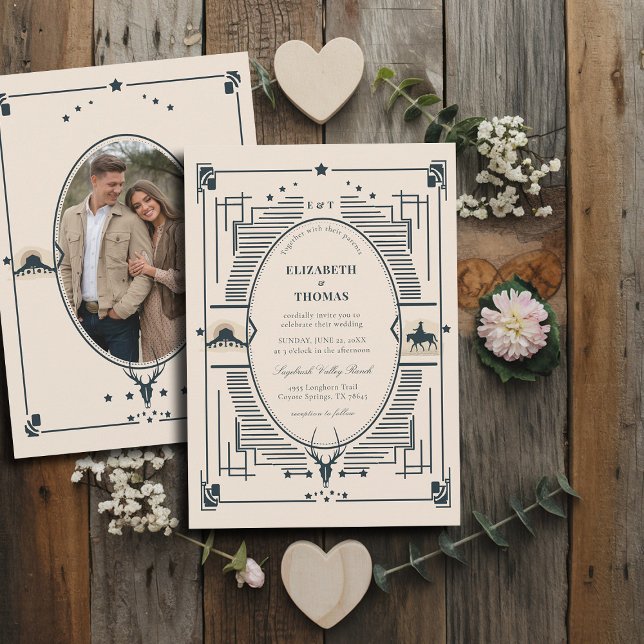Convite Foto de Casamento do País Rustic Vintage (country wedding invitation rustic vintage cowboy frame elegant western theme blue beige photo)