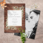 Convite Foto de Casamento do País Rustic Wood Greenery<br><div class="desc">Apresentando um verde-aquarela em um fundo de madeira rústico,  este convite de casamento botânico na moda pode ser personalizado com sua foto e informações especiais sobre o dia do casamento. Projetado por Thisnotme©</div>